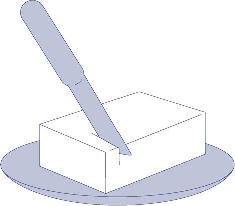 Illustration eines Messers, das in einen rechteckigen Butter-Block auf einem Teller schneidet.