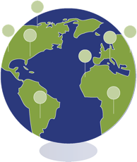 Illustration einer Weltkugel mit grünen Kontinenten und blauen Ozeanen, versehen mit mehreren grünen Markierungen.