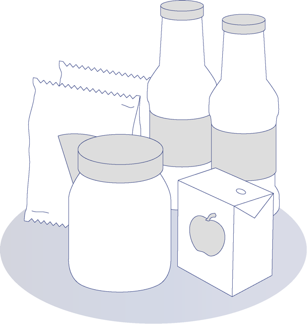 Illustration von zwei Flaschen, einem Glas, zwei Tüten und einer Saftverpackung mit Apfelmotiv auf einem Tablett.