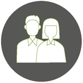 Symbolische Darstellung von zwei Personen in einem grauen Kreis.