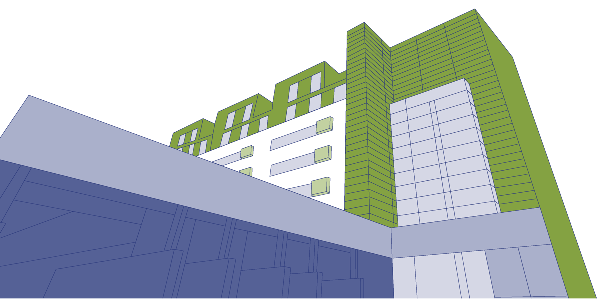Illustration eines modernen Gebäudes mit grünen und blauen Fassadenelementen und großen Fenstern.