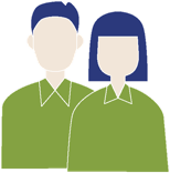 Zwei stilisierte Figuren mit grüner Kleidung und blauen Haaren.