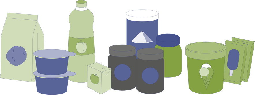 Verschiedene bunte Verpackungen und Behälter in Grün- und Blautönen.