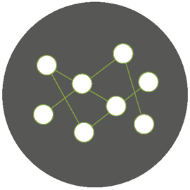 Grauer Kreis mit Symbolen: eine Schleife, zwei Personen, ein Stapel Papier, eine Glühbirne und Punkte.