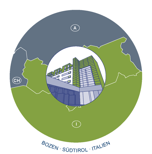 Illustration eines modernen Gebäudes in einem Kreis, umgeben von einer stilisierten Karte mit den Buchstaben "A", "CH" und "I". Unten steht "Bozen - Südtirol - Italien".