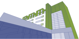 Illustration eines modernen Gebäudes mit grünen und blauen Fassadenelementen, aus einer niedrigen Perspektive betrachtet.