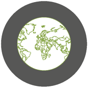 Eine stilisierte Weltkarte in grüner Farbe auf weißem Hintergrund, umgeben von einem grauen Kreis.