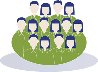 Illustration von fünfzehn stilisierten Personen mit grüner Kleidung und blauen Haaren, die in einer Gruppe stehen.