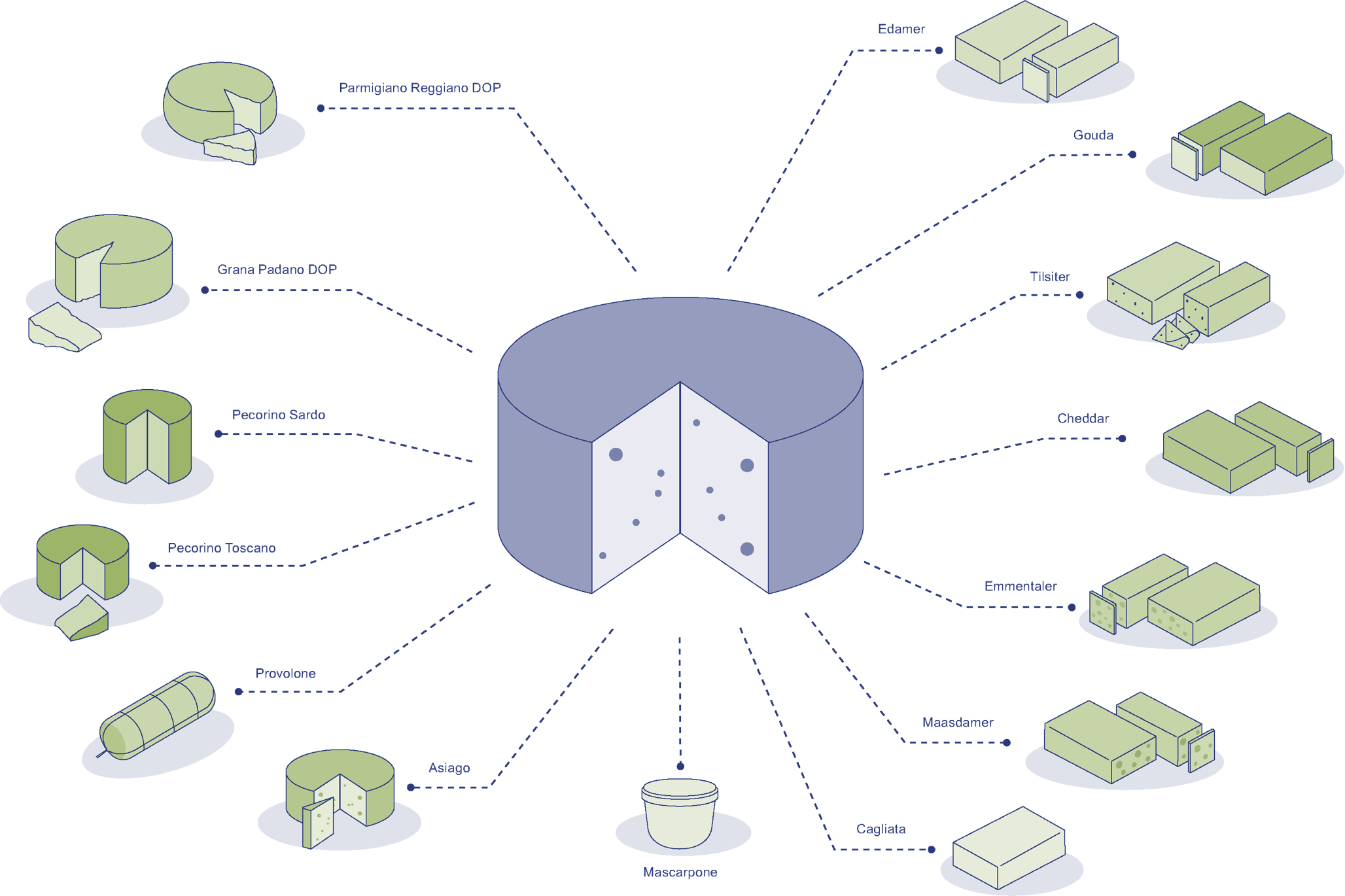 Diagramm mit verschiedenen grünen und blauen Käseformen, die von einem zentralen runden Käse ausgehen, mit Linien und Beschriftungen.