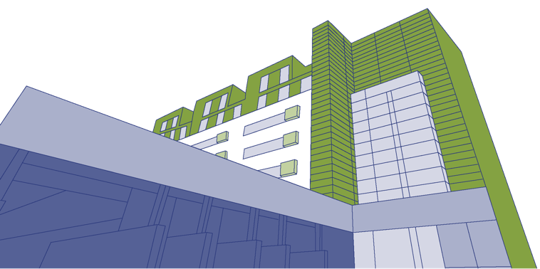 Illustration eines modernen Gebäudes mit grünen und blauen Fassadenelementen, das aus einer niedrigen Perspektive gezeigt wird.