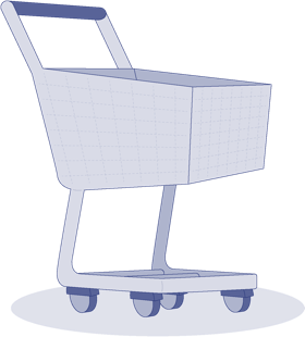 Illustration eines Einkaufswagens mit vier Rädern auf einem grauen Hintergrund.
