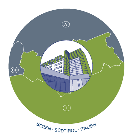 Illustration eines Gebäudes in einem Kreis, umgeben von einer stilisierten Karte mit den Buchstaben "A", "CH" und "I". Unten steht "Bozen - Südtirol - Italien".
