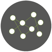 Ein grauer Kreis mit weißen Punkten, die durch dünne Linien verbunden sind und ein Netzwerk bilden.