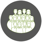 Symbol einer Gruppe von Menschen in einem Kreis auf grauem Hintergrund.