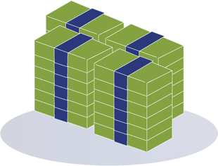 Grüne Geldbündel mit blauen Bändern auf grauem Hintergrund.