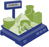 Illustration einer Waage mit verschiedenen Lebensmitteln wie Reis, Käse, Milchkanne, Mehl und Gemüse.