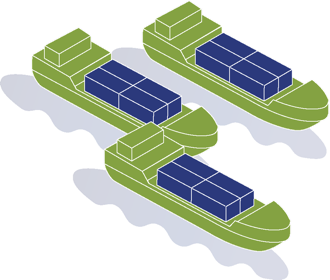 Drei grüne Frachtschiffe mit blauen Containern auf Wasser.