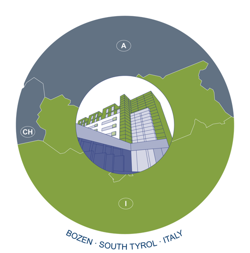 Illustration eines modernen Gebäudes in einem Kreis, umgeben von einer stilisierten Karte mit den Buchstaben "A", "CH" und "I". Unten steht "Bozen - Südtirol - Italien".
