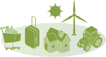 Grüne Symbole eines Einkaufswagens, Koffers, Hauses, Traktors, Windrads und einer Sonne auf weißem Hintergrund.