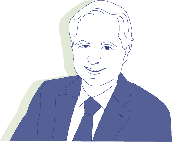 Illustration eines lächelnden Mannes in einem Anzug mit Krawatte, in Blau- und Weißtönen gezeichnet.