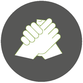 Grauer Kreis mit Symbolen: eine Schleife, zwei Personen, ein Stapel Papier, eine Glühbirne und Punkte.