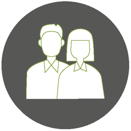 Grauer Kreis mit Symbolen: eine Schleife, zwei Personen, ein Stapel Papier, eine Glühbirne und Punkte.